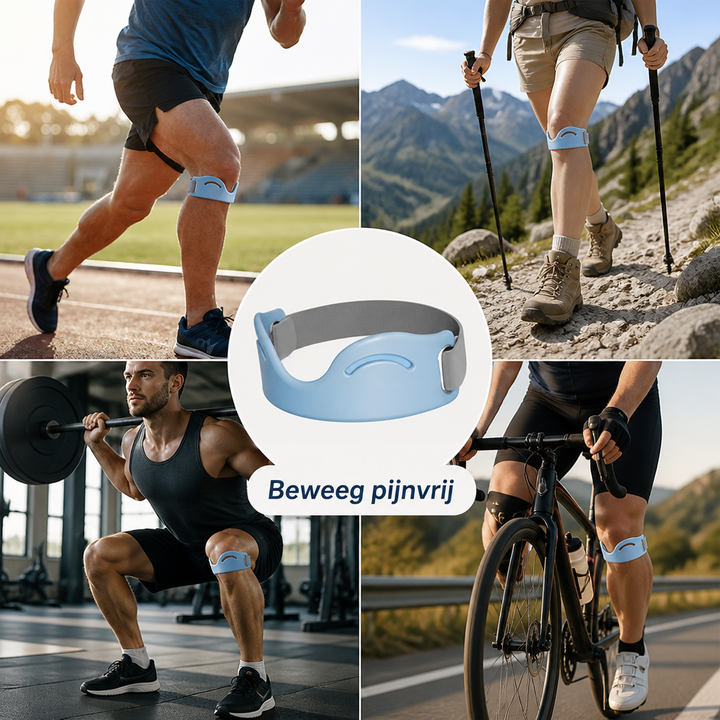Collage met de lichtblauwe kniebandage in het midden, omringd door gebruik bij hardlopen, wandelen, squatten met halterstang en wielrennen. 2