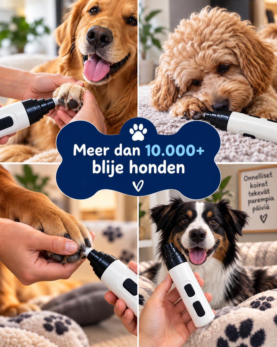 Collage van vier honden van verschillende rassen die hun nagels laten vijlen met de witte nagelvijl 10