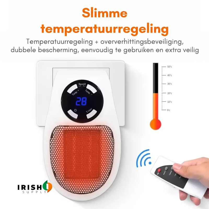 Verwarmer in een stopcontact met temperatuurweergave, thermometerschaal en een hand met afstandsbediening 4