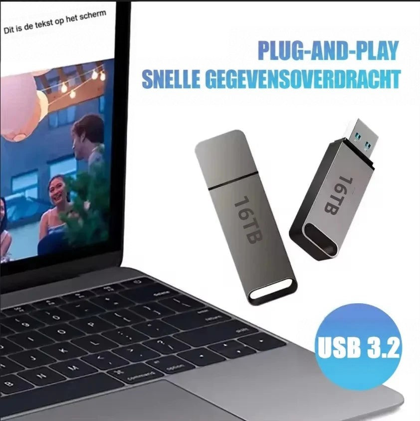 Twee USB-sticks, een met dop en een zonder, naast een laptop waarop foto's te zien zijn 2