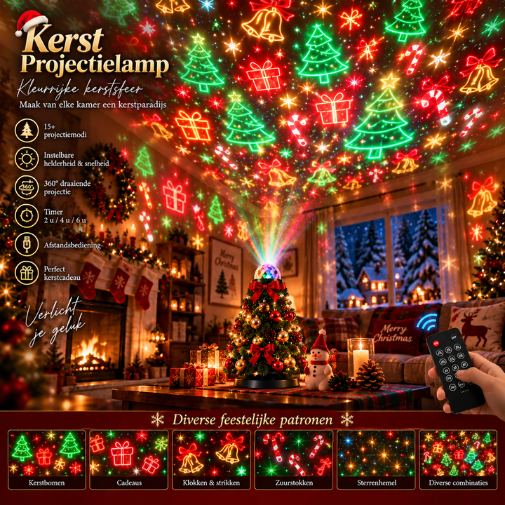 Rode en groene projectie van kerstbomen, cadeaus, kerstklokken en zuurstokken op het plafond van een gezellige kamer 3