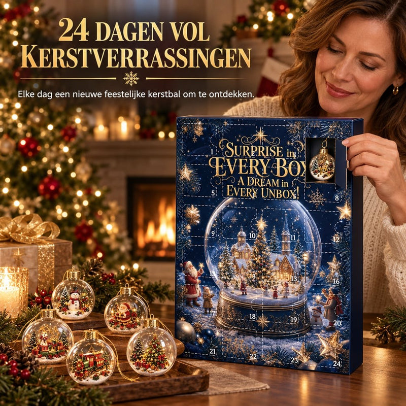 Vrouw opent een deurtje van de adventskalender en bekijkt de kerstbal erin, met andere ballen op een houten dienblad 2