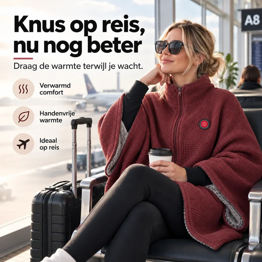 Vrouw met zonnebril zit in een vertrekhal, gehuld in de rode wafelstructuur deken met rits 1