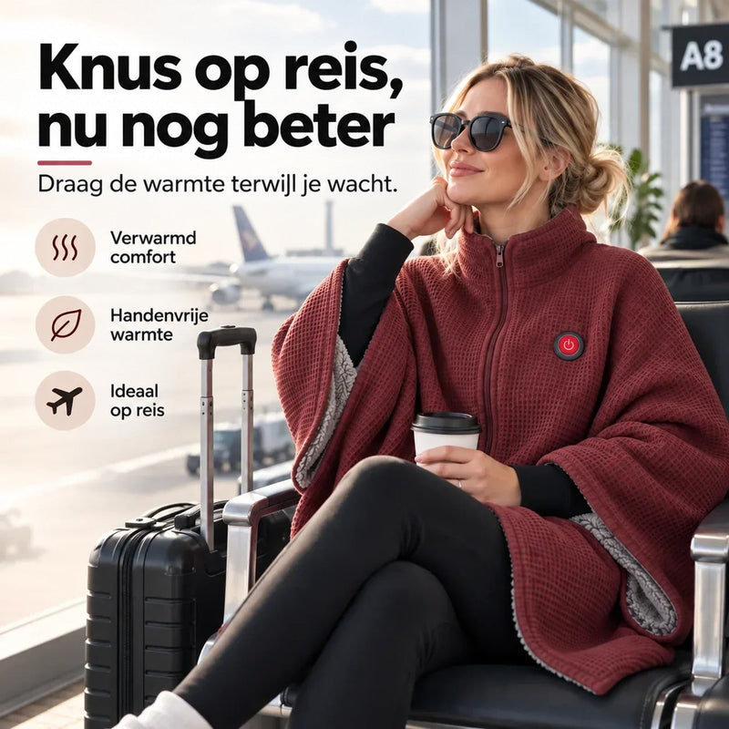 Vrouw met zonnebril zit in een vertrekhal, gehuld in de rode wafelstructuur deken met rits 1