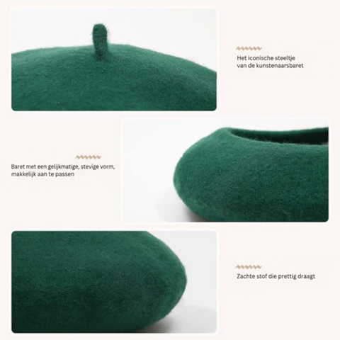 Drie detailfoto's van een groene baret: het steeltje, de ronde vorm en de zachte stof 11