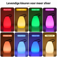 Overzicht van acht lichtkleuren van de druppelvormige lamp, van rood en geel tot warm wit 2