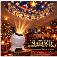 Witte bolvormige projector op een tafel projecteert een kerstdorp met slee en rendieren op het plafond 1