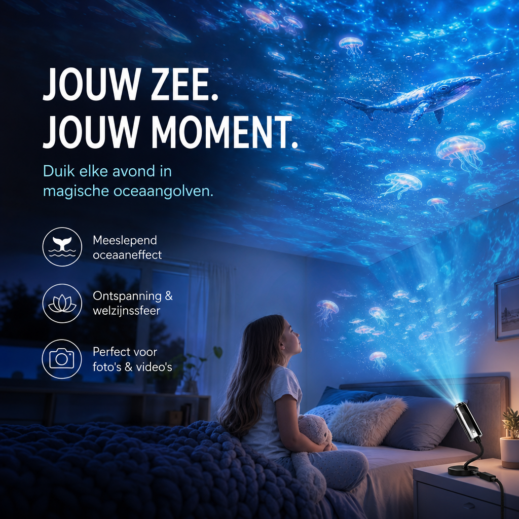 Meisje in bed kijkt naar een plafond vol projecties van walvis en kwallen, met de projector op het nachtkastje 3