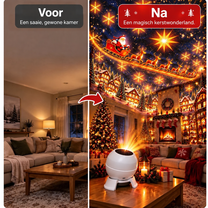 Voor-en-nabeeld van dezelfde woonkamer: links een gewone kamer, rechts versierd met kerstprojectie van de witte projector. 3