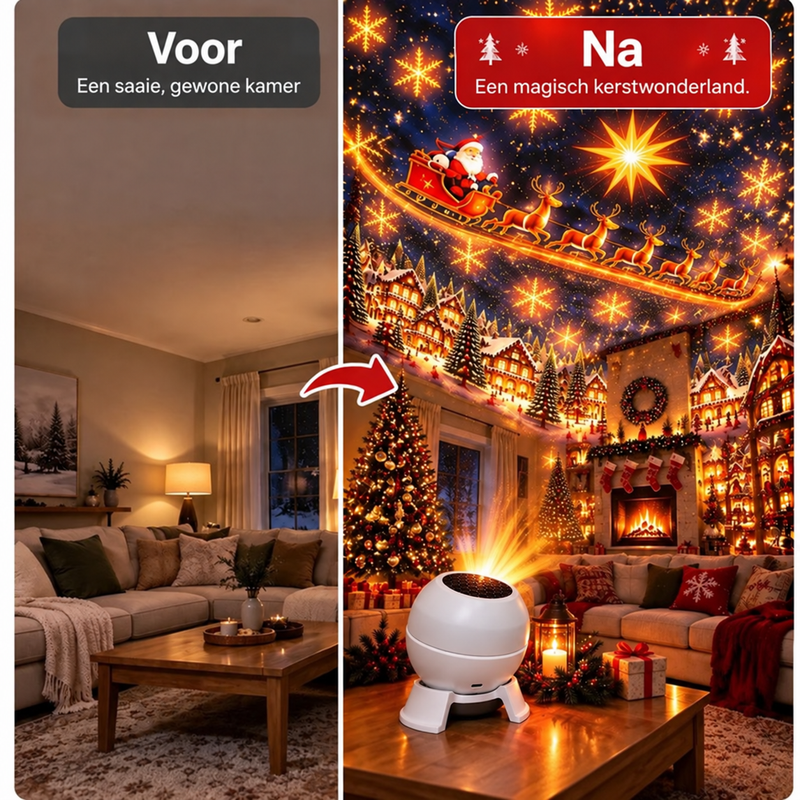 Voor-en-nabeeld van dezelfde woonkamer: links een gewone kamer, rechts versierd met kerstprojectie van de witte projector. 3