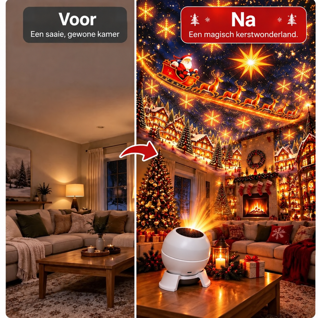 Voor-en-nawergelijking van een woonkamer: links gewoon, rechts met kerstprojectie van slee, rendieren en sneeuwvlokken 3