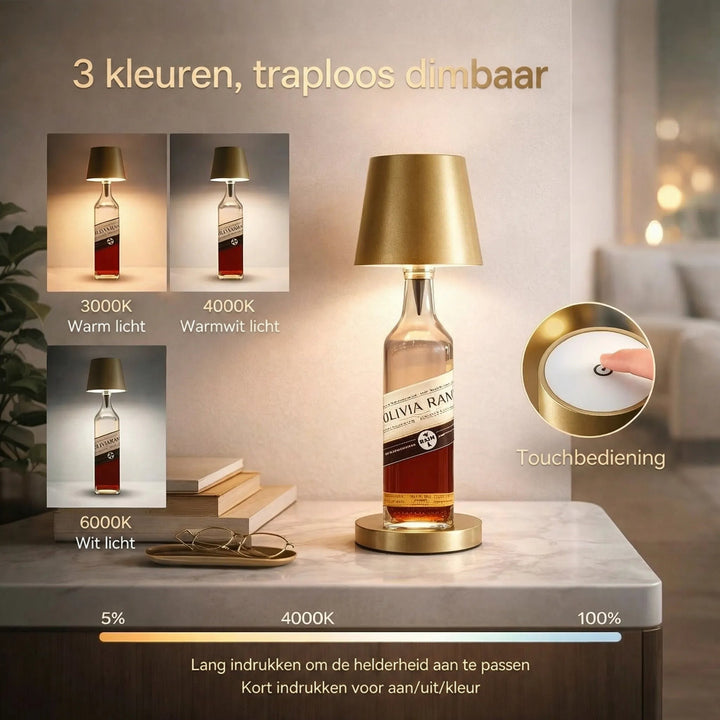 Gouden fleslamp op een flesje met drie lichtkleuren, dimniveaus en aanraakbediening in een woonkamer 2