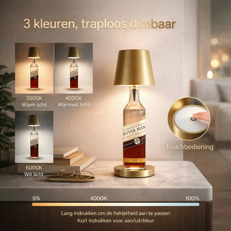 Gouden fleslamp op een flesje met drie lichtkleuren, dimniveaus en aanraakbediening in een woonkamer 2