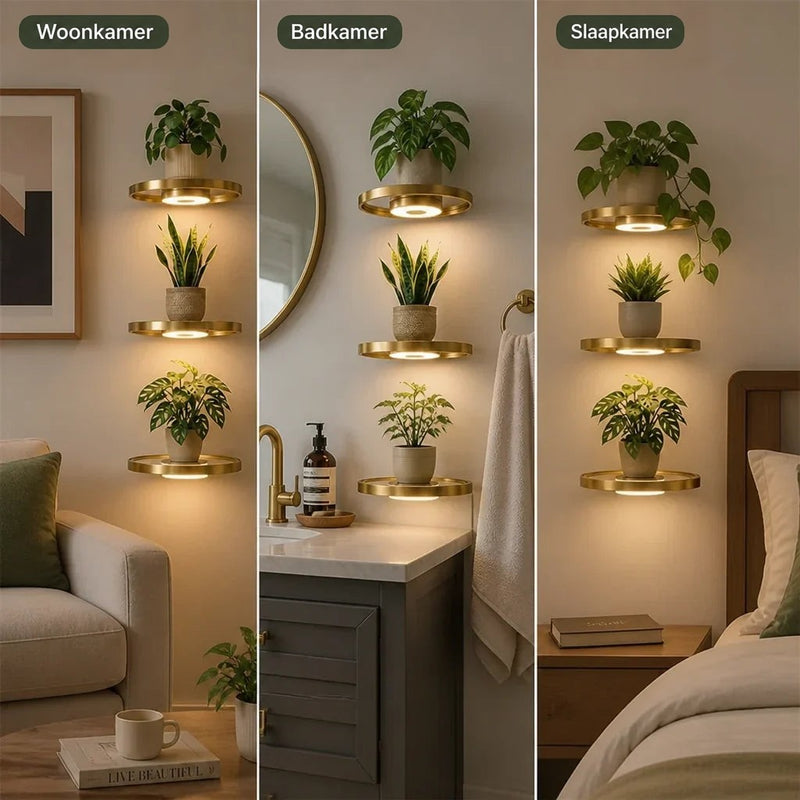 Drie verlichte gouden wandplanken met planten in een woonkamer, een badkamer bij de wastafel en een slaapkamer naast het bed. 5