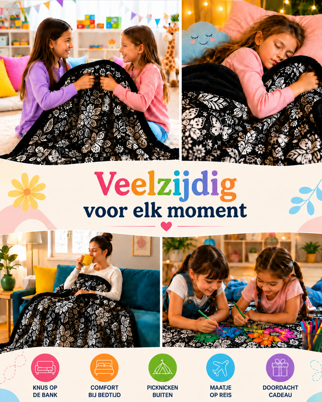 Collage van de deken in gebruik: meisjes spelen, kind slaapt, vrouw op de bank en kleurende kinderen 5