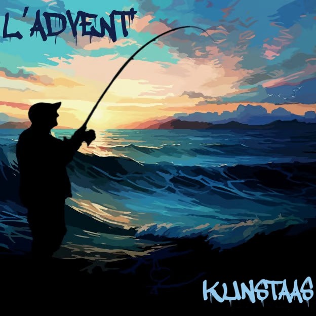 Kalenderontwerp met silhouet van een visser met gebogen hengel voor een golvende zee bij zonsondergang 5