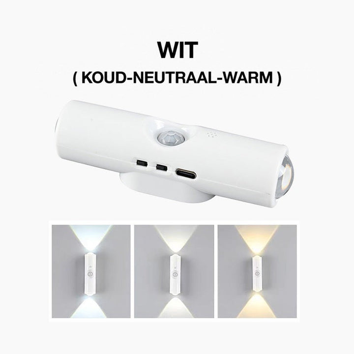 Witte cilindrische wandlamp met bewegingssensor en usb-c-poort, met drie lichtkleuren van wit tot warm eronder 1