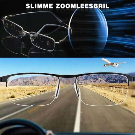 Collage met een bril en vergrote lens bovenaan, onderaan uitzicht door de glazen op een weg met bergen en vliegtuig. 6