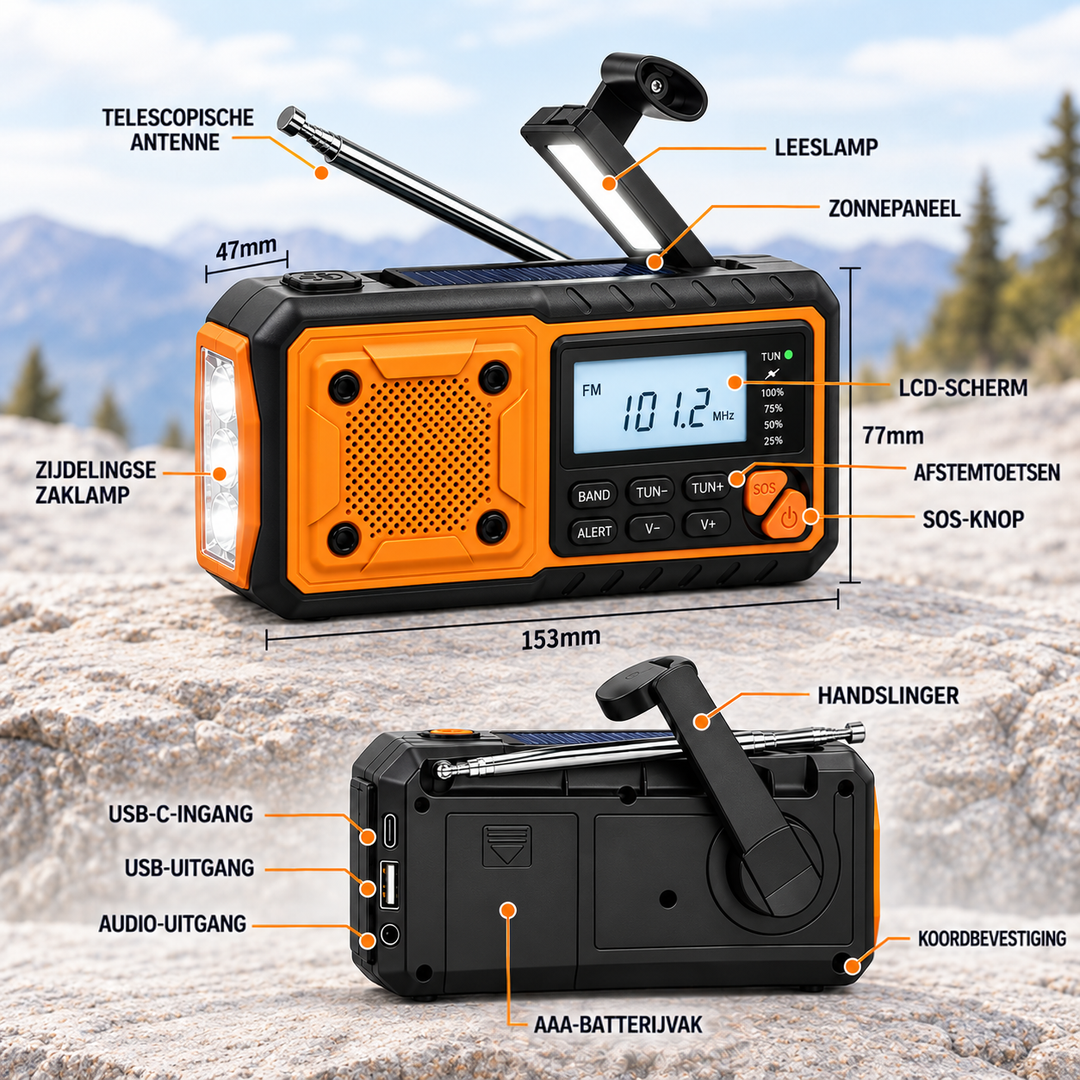 Radio van voren en achteren met aanduidingen van antenne, zonnepaneel, display, knoppen, aansluitingen, handslinger en 4