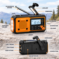 Radio van voren en achteren met aanduidingen van antenne, zonnepaneel, display, knoppen, aansluitingen, handslinger en 4
