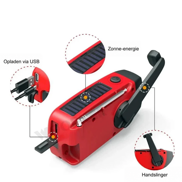 Rode noodradio van boven met uitleg bij het zonnepaneel, de USB-aansluiting en de uitklapbare handzwengel 3