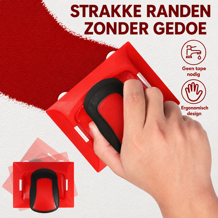 Hand drukt het rode gereedschap met zwarte handgreep tegen een muur met een rode verfbaan 3