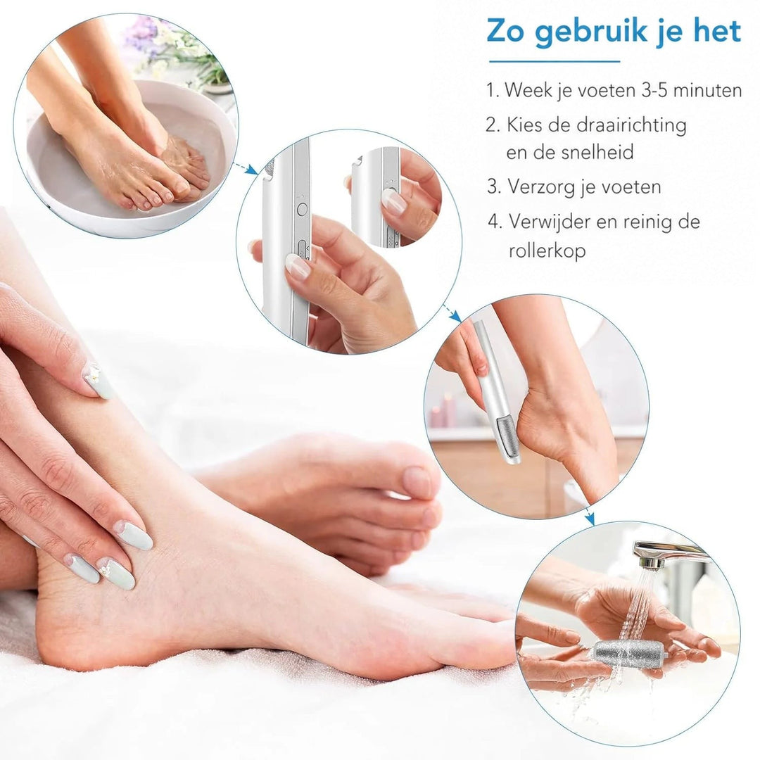 Stappenplan in beeld: voeten weken, draairichting en snelheid kiezen, hiel bewerken en de rolkop onder de kraan schoonspoelen. 6