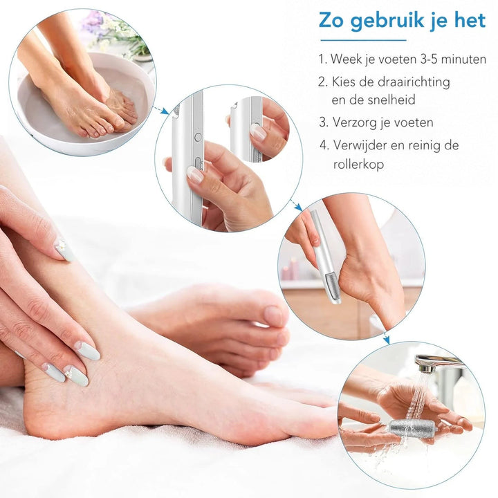Stappenplan in beeld: voeten weken, draairichting en snelheid kiezen, hiel bewerken en de rolkop onder de kraan schoonspoelen. 6