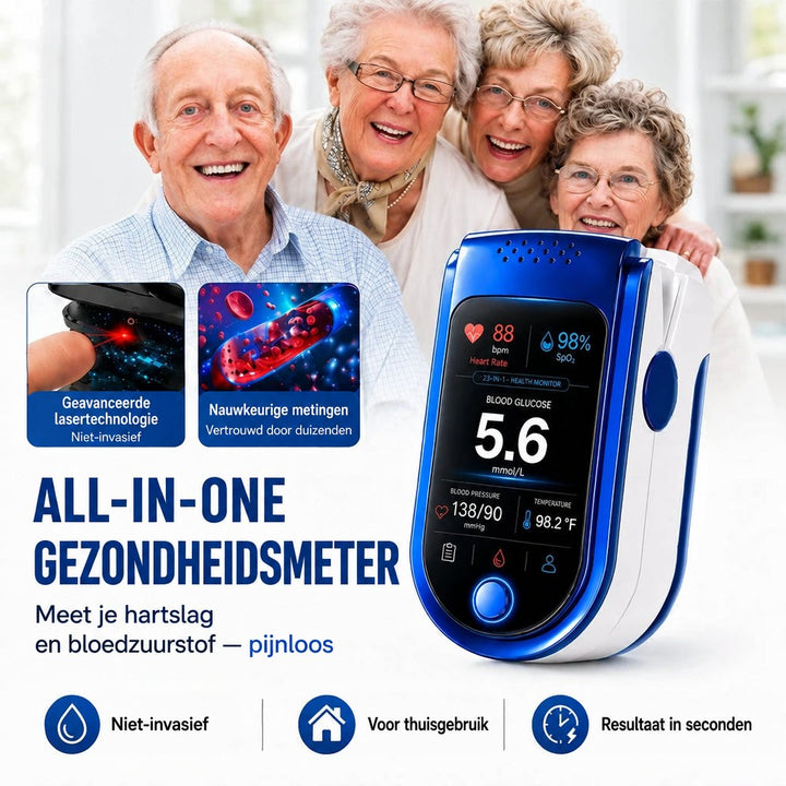 Blauw-witte vingermonitor met kleurendisplay naast vier lachende senioren, met twee kleine inzetbeelden van de lasersensor. 1