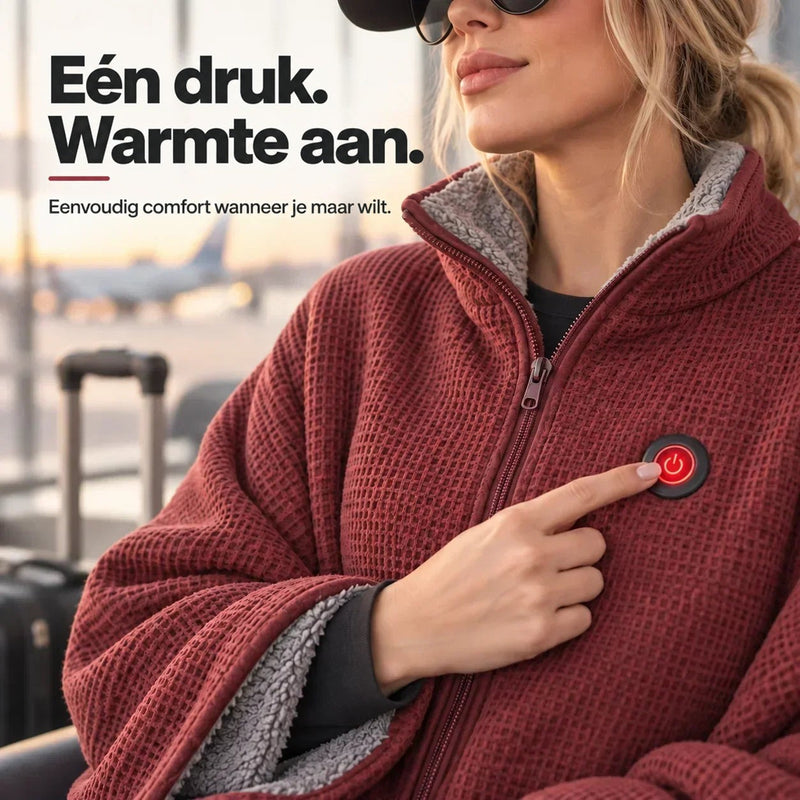 Close-up van een vinger die de rode aan-knop op de borst van de rode cape indrukt 9