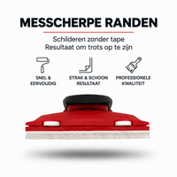 Rood-zwart verfgereedschap met witte vilten rand en twee wieltjes, van voren gezien op wit 1