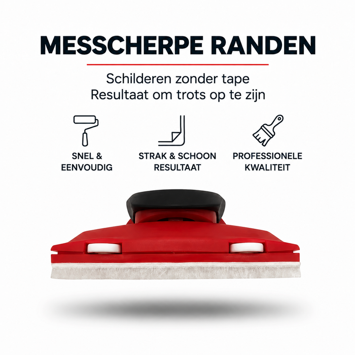 Rood-zwart verfgereedschap met witte vilten rand en twee wieltjes, van voren gezien op wit 1
