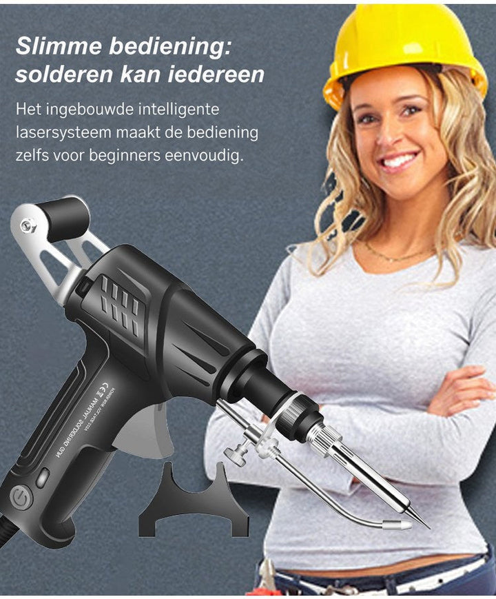 Lachende vrouw met gele veiligheidshelm en gekruiste armen, met het soldeerpistool en standaard op de voorgrond 12