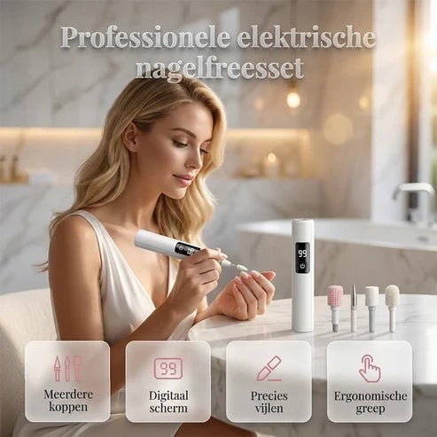 Blonde vrouw in een lichte badkamer vijlt haar nagels met het witte apparaat, opzetstukken liggen ernaast 1