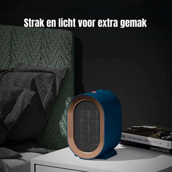 Blauwe verwarming op een wit nachtkastje in een donkere slaapkamer, naast een bed en boeken 2