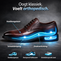 Bruine leren veterschoen in zijaanzicht met blauw oplichtende zool die steun, demping en drukverlichting illustreert 5