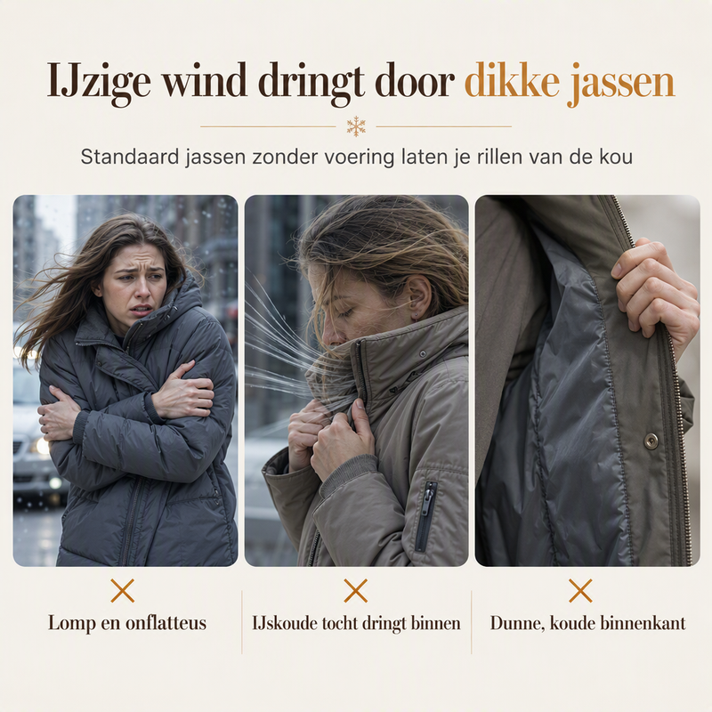 Drie beelden van vrouwen in dunne jassen die rillen van de koude wind, als vergelijking 2