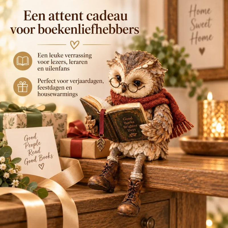 Uilbeeldje met bril en boek op een houten kast tussen cadeaus met linten, als cadeau-idee 7