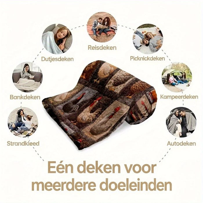 Opgerolde deken met realistische hanen en kippen, omringd door kleine foto's van gebruiksmomenten 11