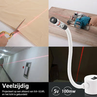 Collage van gebruik: stof knippen met schaar, hout zagen en lange gang, met de laser met magneetvoet rechtsonder 8