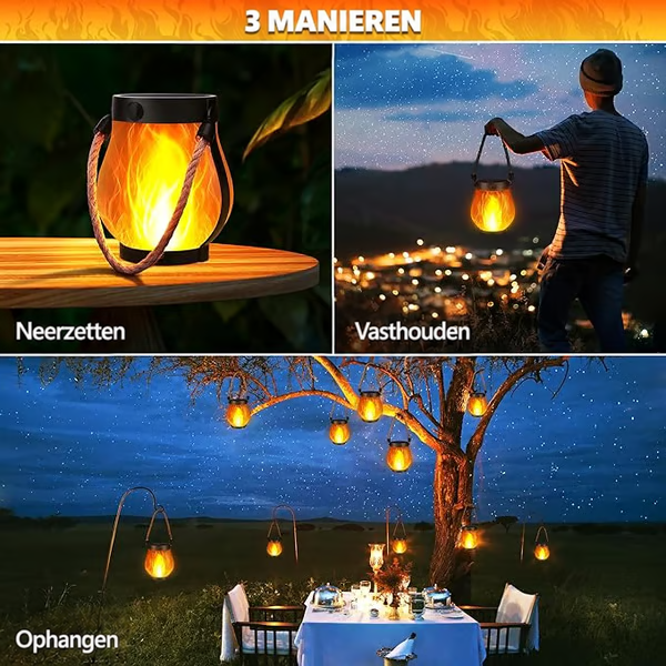Drie gebruiksmanieren: op een houten tafel geplaatst, in de hand gedragen en aan een boom gehangen 5