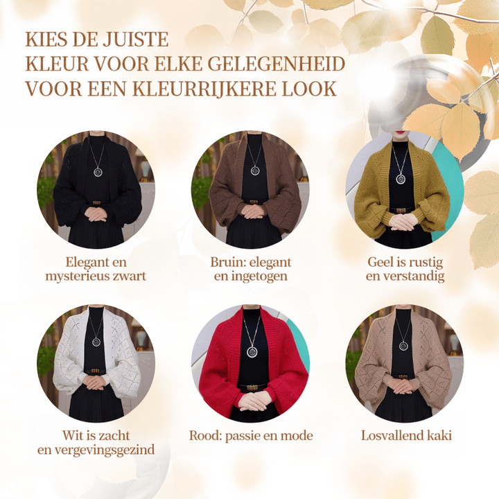 Overzicht van zes kleuren van het vest: zwart, bruin, okergeel, wit, rood en beige 13