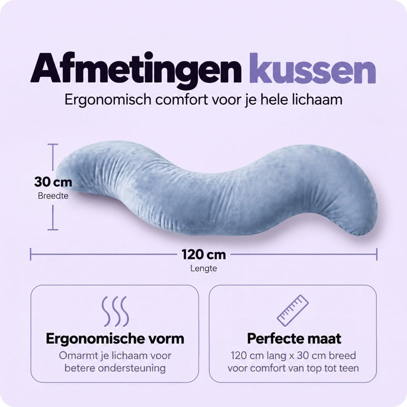 Blauw S-kussen met maataanduidingen van lengte en breedte op een lichtpaarse achtergrond 5