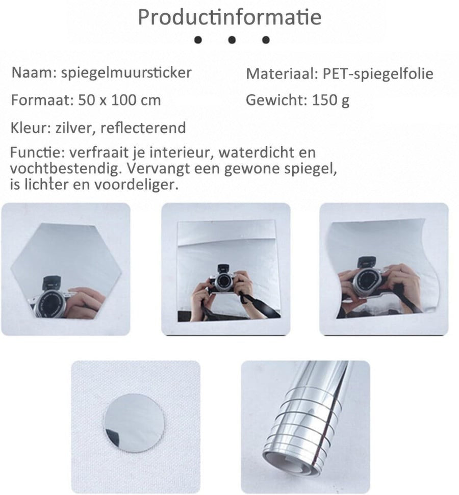 Productinformatie met zeshoekige, vierkante en golvende spiegelvormen waarin een fototoestel weerspiegelt, plus een ronde spiegel en een opgerolde folie. 8