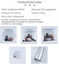 Productinformatie met zeshoekige, vierkante en golvende spiegelvormen waarin een fototoestel weerspiegelt, plus een ronde spiegel en een opgerolde folie. 8