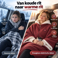 Vergelijking in de auto: links een vrouw met gewone plaid die kou heeft, rechts warm in de rode deken 4