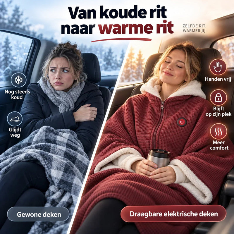 Vergelijking in de auto: links een vrouw met gewone plaid die kou heeft, rechts warm in de rode deken 4