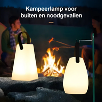 Twee gloeiende lampen bij een kampvuur, een op een rots en een aan een paal 3
