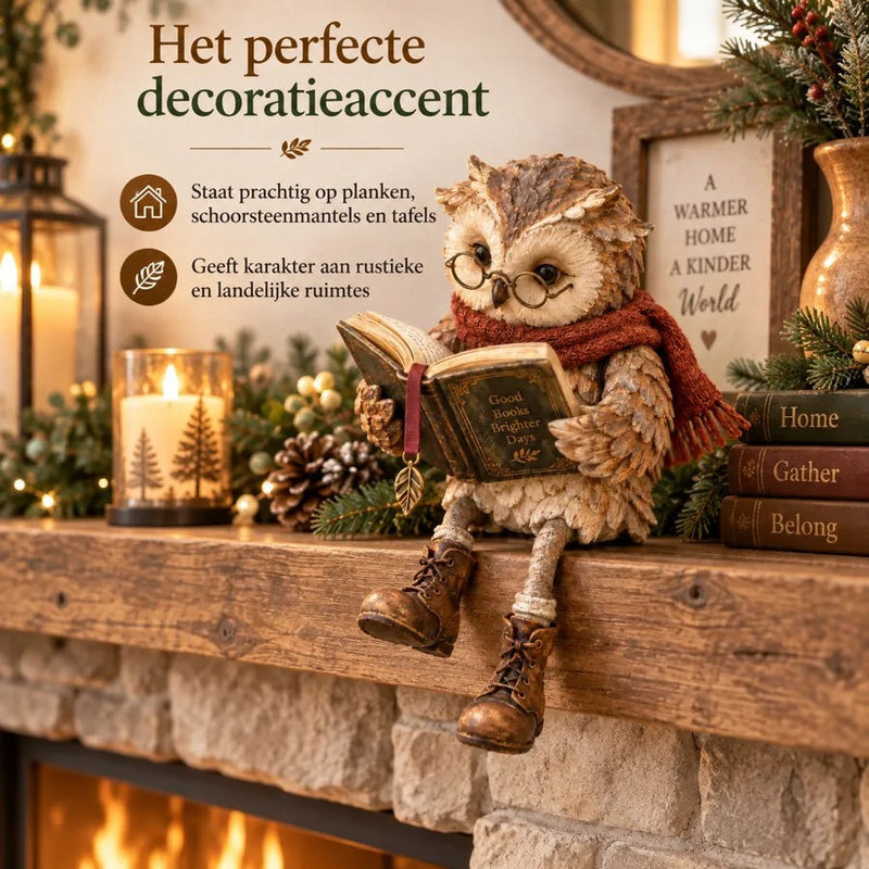 Uilenbeeldje met bril en rode sjaal zit op een houten schoorsteenmantel met kaarsen, dennenappels en dennentakken, met tekst over woondecoratie. 5