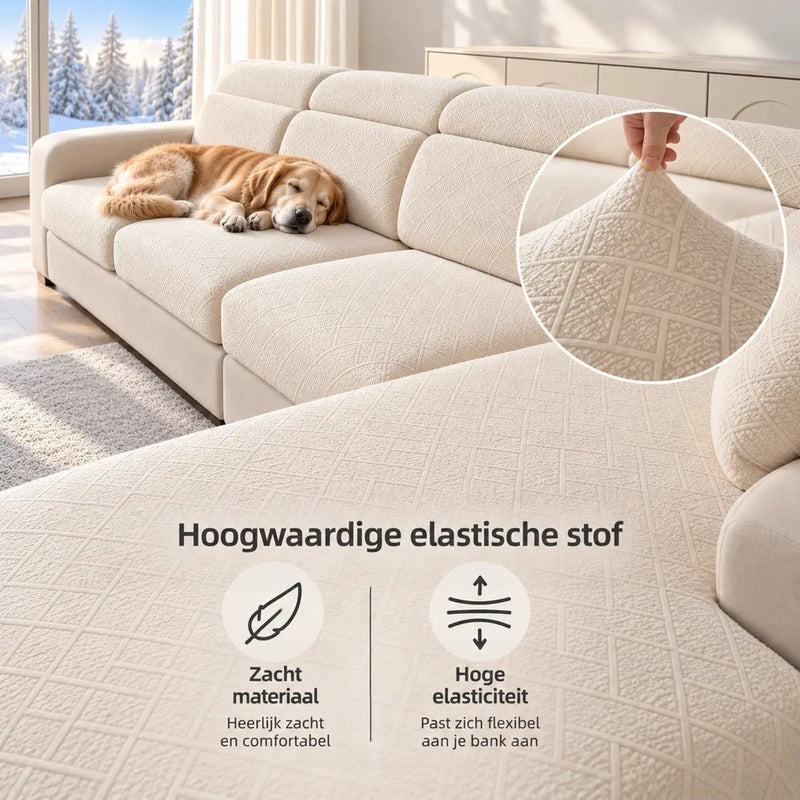 Hond slaapt op een bank met crème hoezen, met een uitvergroting van de elastische stof 3